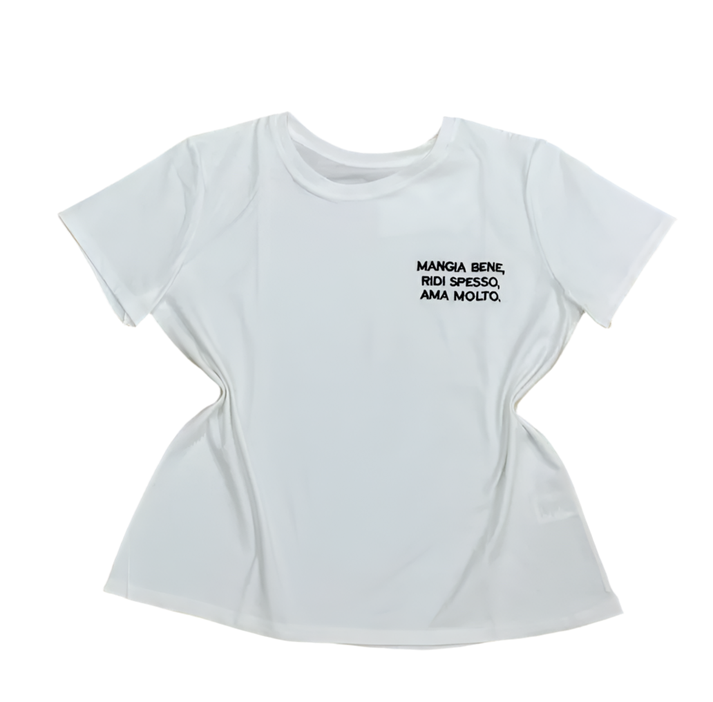 T-shirt “Mangia bene, ridi spesso, ama molto.”